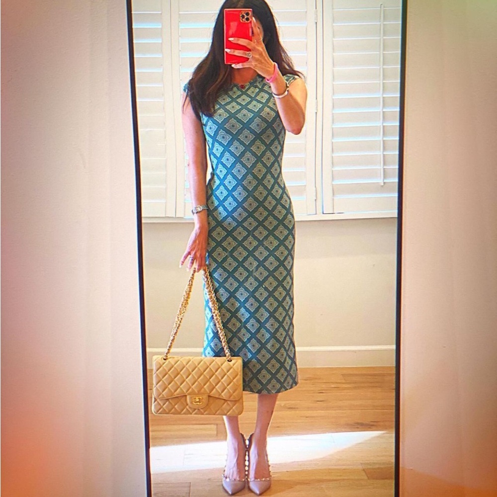 Green Zara Geometric Print Midi Pencil Dress